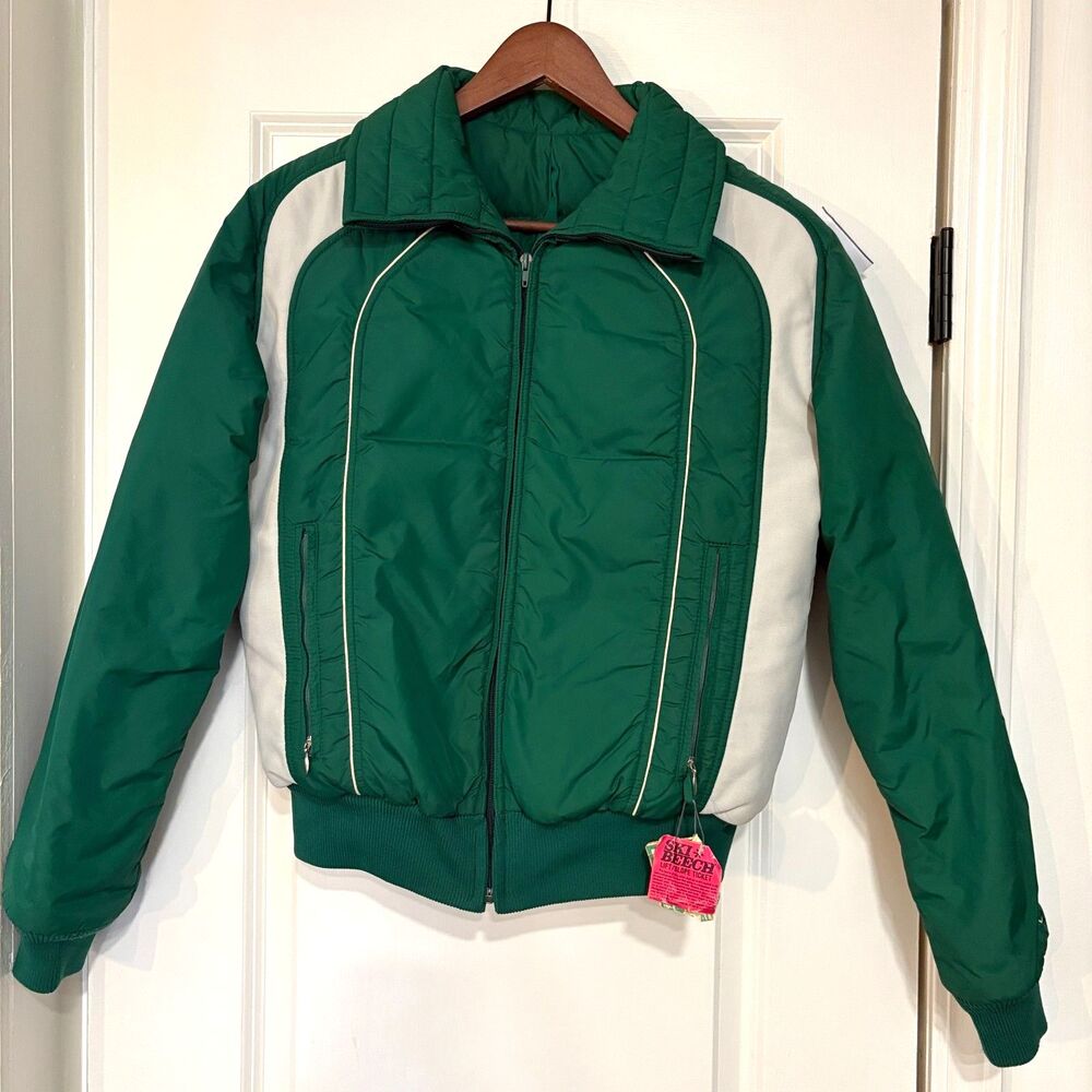 Vtg Ski Jacket by Roffe in Green and White Made in USA Size M Down Filled
